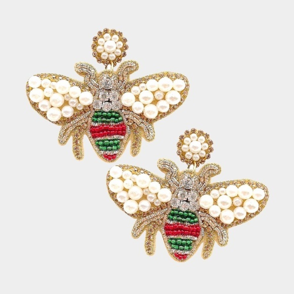 Red green gold felt Embellished bee earrings small pearl bead details